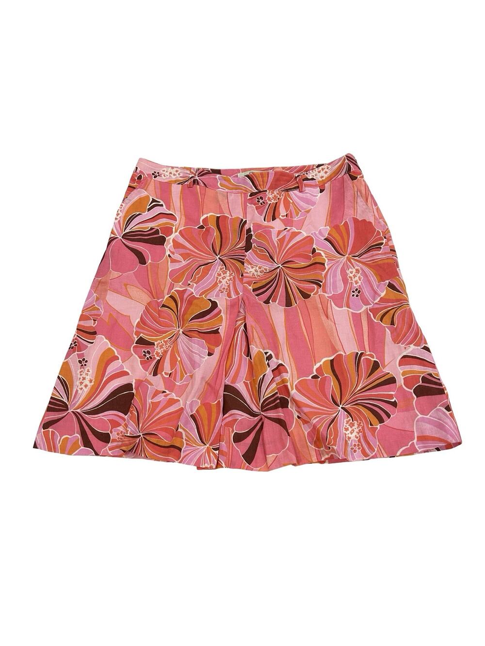 Zara Floral Ramie Short Skirt Womens Size 12 Pink with Belt Loops & Pockets